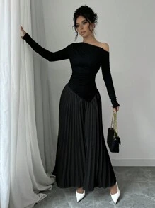 Rafferiza 女士斜肩褶皱紧身胸衣拼接褶皱下摆优雅连衣裙长款女装