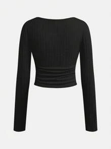 SHEIN Nastolatka 1 otrzymaj 2 za darmo 3 sztuki Czarny morelowy szary Jesień i zima All-Match Casual i sportowy ściągacz dzianinowy marszczony detal Długi rękaw T-shirt