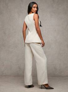 SHEIN BAE 女士翻领前扣无袖西装外套和裤子优雅套装秋冬 - 杏色 - 查看 5