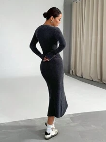 SHEIN Unity Women's Soft Charcoal Grey V-Neck Casual Long Sweater Dress, Figure Flattering & Versatile For Autumn/Winter