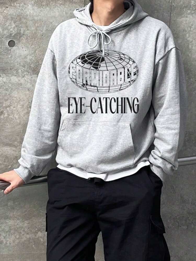 Men's Casual Letter Print Pocket Decor Long Sleeve Hoodie,Fall Clothes