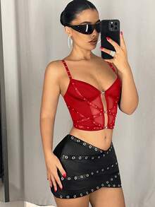 SHEIN ICON 女士铆钉带装饰透明网眼拼接短款吊带背心 - 紅色 - 查看 4