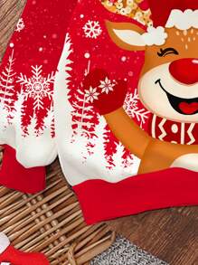 SHEIN 女童圣诞可爱卡通小鹿、圣诞树、雪花印花红色节日休闲宽松圆领舒适日常针织长袖卫衣，适合秋冬季穿着 - 彩色 - 查看 5