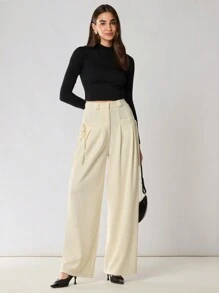 Enchnt Pantalones casuales minimalistas de mujer de unicolor con cordón y bolsillo, para uso diario - Albaricoque - Ver 3