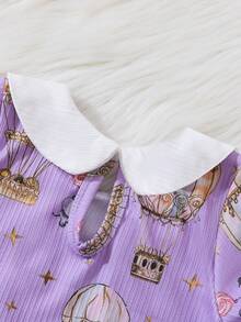 Souflis Souflis Combinaison à manches longues pour bébé fille avec col Peter Pan, motifs de fleurs roses et de montgolfières, rayures texturées. Convient pour l'intérieur et l'extérieur, en tissu doux et confortable. Combinaison violette - Prune - Voir 6