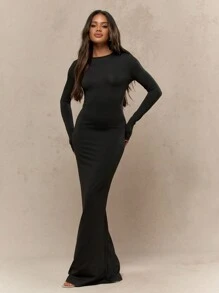 MISSGUIDED Vestido largo con cuello redondo, manga larga y bajo tipo cola de pez