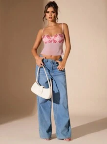 SHEIN BAE Camiseta de encaje floral ajustada estilo Y2K para mujer