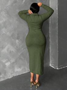 Maweii 大码女式纯色领口长袖修身优雅毛衣裙，秋冬 - 軍綠色 - View 2