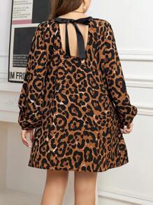 SHEIN Clasi Plus Leopard Print Tie Back Long Sleeve Dress Fall Women Outfit Work Dress Business Casual Woman