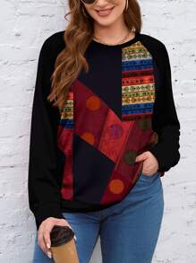 SHEIN LUNE 大码女式纯色拼接插肩袖圆领运动衫，休闲秋冬季圣诞女装 - 黑色 - 查看 1