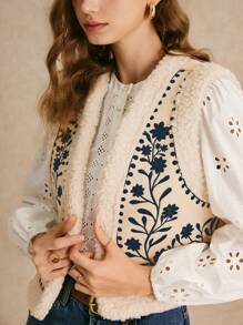 Poéselle Women's Printed Plush Sleeveless Fashion Vest Jacket, Plush Waistcoat Inside, Warm All The Autumn And Winter Wear, Suitable For Daily Street, Holiday, Home