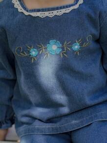 SHEIN 2 件套女婴牛仔刺绣上衣和阔腿裤套装 - 藍色 - 查看 5