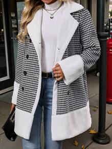 SHEIN Clasi 女士秋冬经典千鸟格双排扣加垫大衣 - 黑與白 - 查看 5