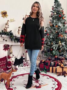 SHEIN LUNE Women Casual Drop Shoulder Patchwork Sweatshirt, Holiday Wear Pullover Fall - Multicolor - View 4