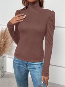 SHEIN Clasi 纯色立领褶皱优雅通勤长袖T恤 - 藕粉色 - 查看 4