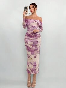 Aloruh Women's Off Shoulder Marble Print Bodycon Long Dress, Sexy & Stylish, Lavender Dress