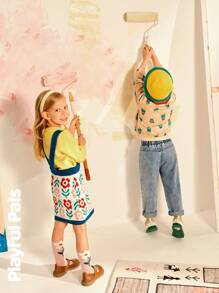 SHEIN 2pcs Young Girls Floral Print Long Sleeve Ruffle Collar Blouse & Pinafore Skirt Sweater Set, Cute/Retro/Casual, Suitable For School And Outdoor, Spring/Autumn/Winter - Multicolor - View 8