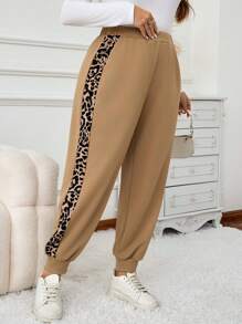 SHEIN LUNE Plus Size Leopard Patchwork Bolso Casual Calças de Moletom Barnfit Traje de Ação de Graças Feminino Ano Novo Traje Feminino