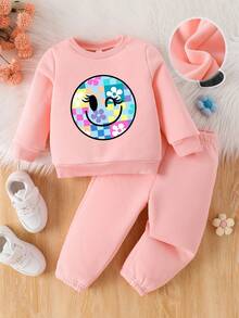 2 Stücke/Set Baby Mädchen fröhliches lächelndes Gesicht & bunt gemusterter Schlupfkragen Sweatshirt & Hose Set, Lässig für Herbst/Winter - Pink - Übersicht 3