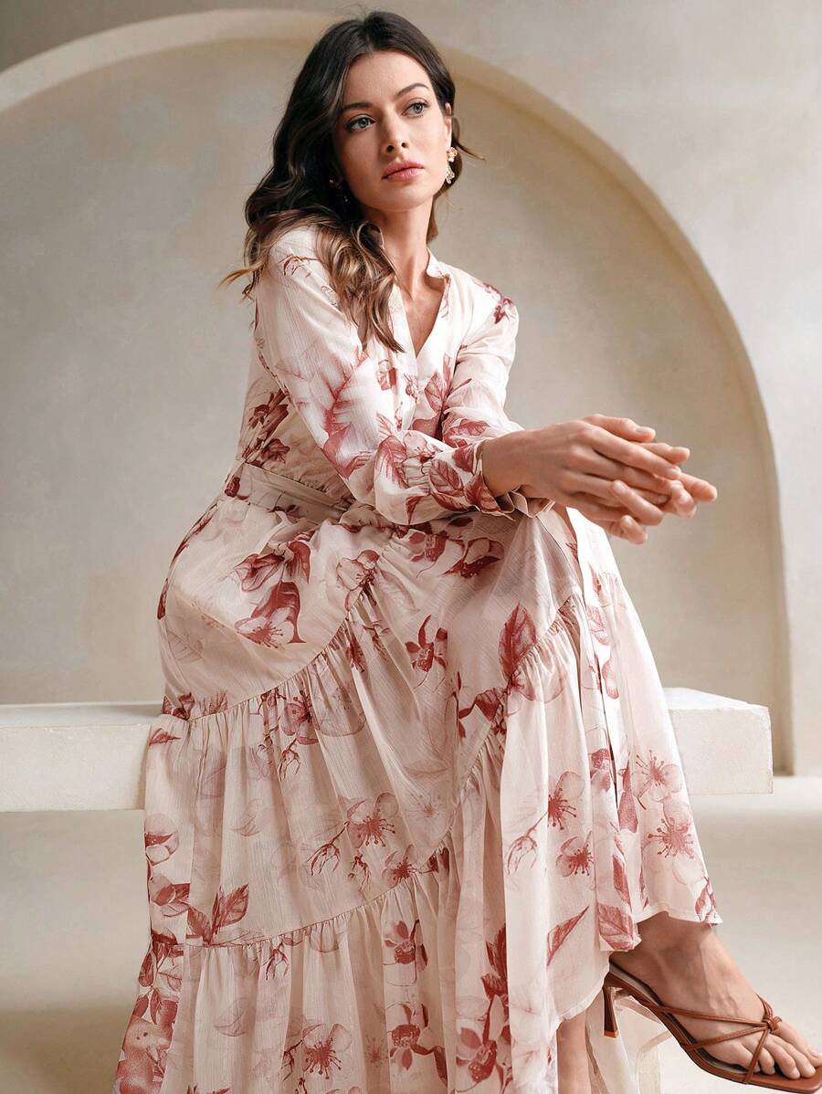 Anewsta Gentle Elegant Vacation Pink Ditsy Floral Waist Cinched Long Sleeve Dress For Women Maxi Women Outfit - Brown - View 1