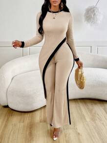 SOLERSUN Asymmetrical Hem Tee & Flared Pants Women's 2pcs Set Fall Cloth For Women - Apricot - View 4