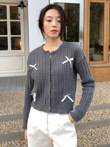 INAWLY 1 Stück Damen Rundhals Knopfverschluss Schleife Dekor Langarm Strickjacke