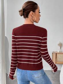 SHEIN Clasi Áo len tay raglan kẻ sọc Colorblock cỡ lớn, thường ngày cho mùa thu/đông - Màu Đỏ Sâu - Xem 2