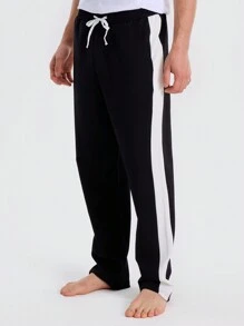 Musero Men Contrast Stripe Panel Tapered Fit Sweatpants Jersey Jogger Elasticated Drawstring Waistband Autumn Winter Wardrobe - Black - View 3