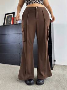 SHEIN Unity High Waisted Slim Fit Flare Leg Cargo Pants With Pockets, Fashionable Plus Size Casual Trousers, Autumn New Arrival Fall Cloth For Women - Coffee Brown - View 7