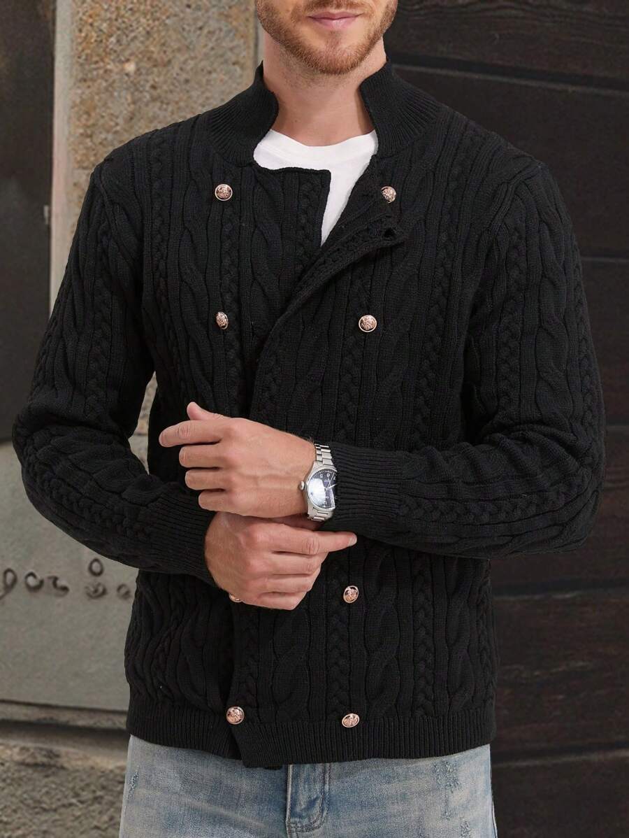 Manfinity Dauomo 男士纯色双排扣长袖休闲开衫，秋冬 - 黑色 - 查看 1