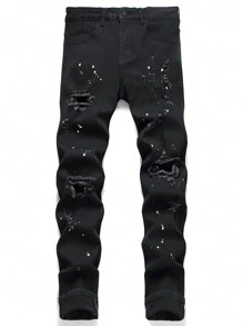 Manfinity LEGND 大码男士前扣多口袋破洞牛仔裤，休闲日常穿着，磨边牛仔裤纯色修身长款破洞纯黑色工装牛仔裤，适合送给老公、男朋友的礼物 - 黑色 - 查看 1