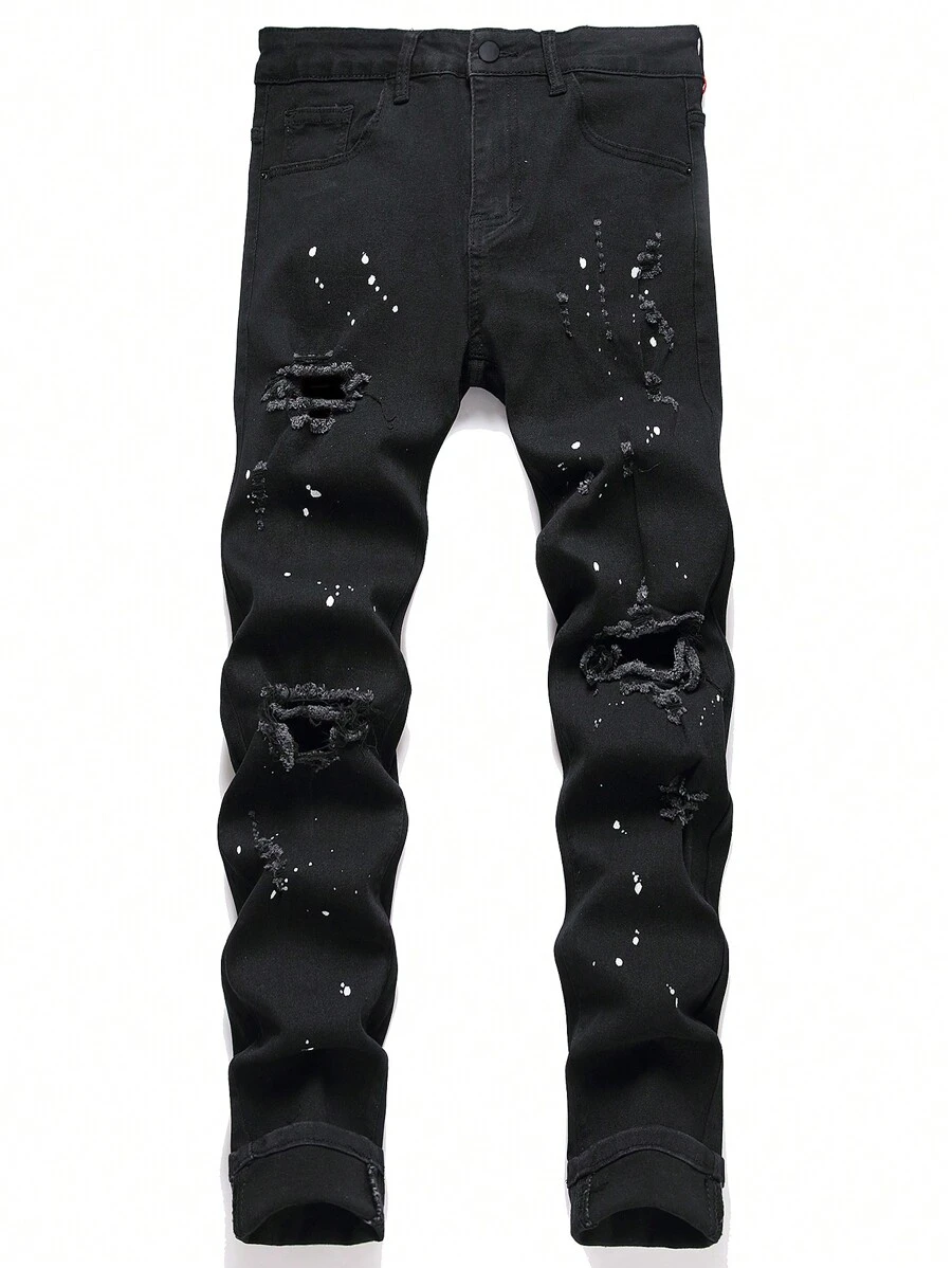 Manfinity LEGND 大码男士前扣多口袋破洞牛仔裤，休闲日常穿着，磨边牛仔裤纯色修身长款破洞纯黑色工装牛仔裤，适合送给老公、男朋友的礼物 - 黑色 - 查看 1