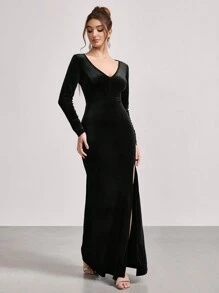 SHEIN Belle Women's Elegant Backless Velvet Maxi Dress,Long Sleeve V-Neck Slim Fit Bodycon Evening Gown With Chain Splicing,Formal Party Dinner Prom Dress,Black - Black - View 8