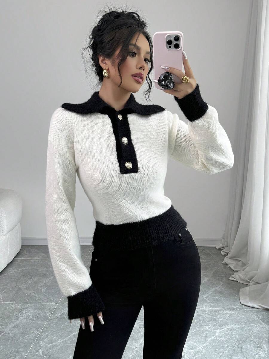 Elenzga 女士休闲撞色拼接前开襟纽扣简约翻领毛衣,长袖针织套头衫,秋冬款 - 黑與白 - 查看 1
