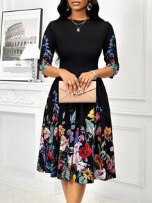 Fleurora Black Round Neck Long Sleeve Waist Dress A Hem Printed Elegant Women's Midi Dress - Black - View 4