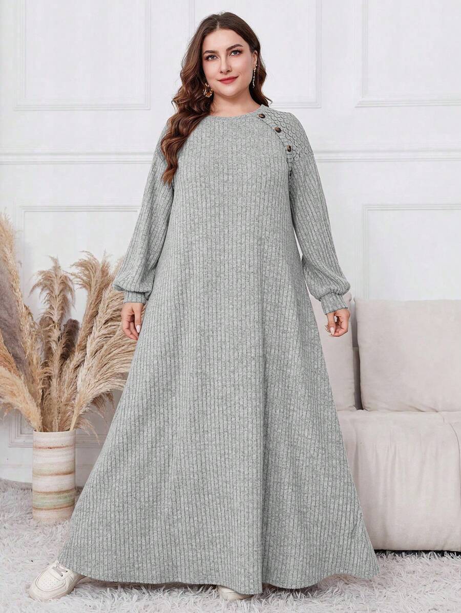 Al Najma Robe maxi en polaire oversize pour femmes avec boutons devant, manches longues, style simple et décontracté, patchwork