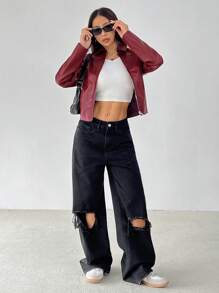 SHEIN PETITE Women Solid Minimal Collared Long Sleeve Zip Up Red PU Leather Jacket - Burgundy - View 4