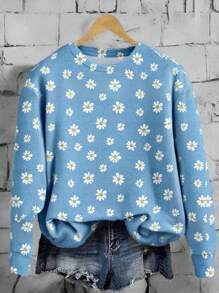 SHEIN LUNE Áo nỉ trùm đầu rộng rãi cổ tròn tay dài họa tiết hoa màu xanh tối giản giản dị dành cho nữ, thích hợp cho mùa hè - Nhiều màu - Xem 1