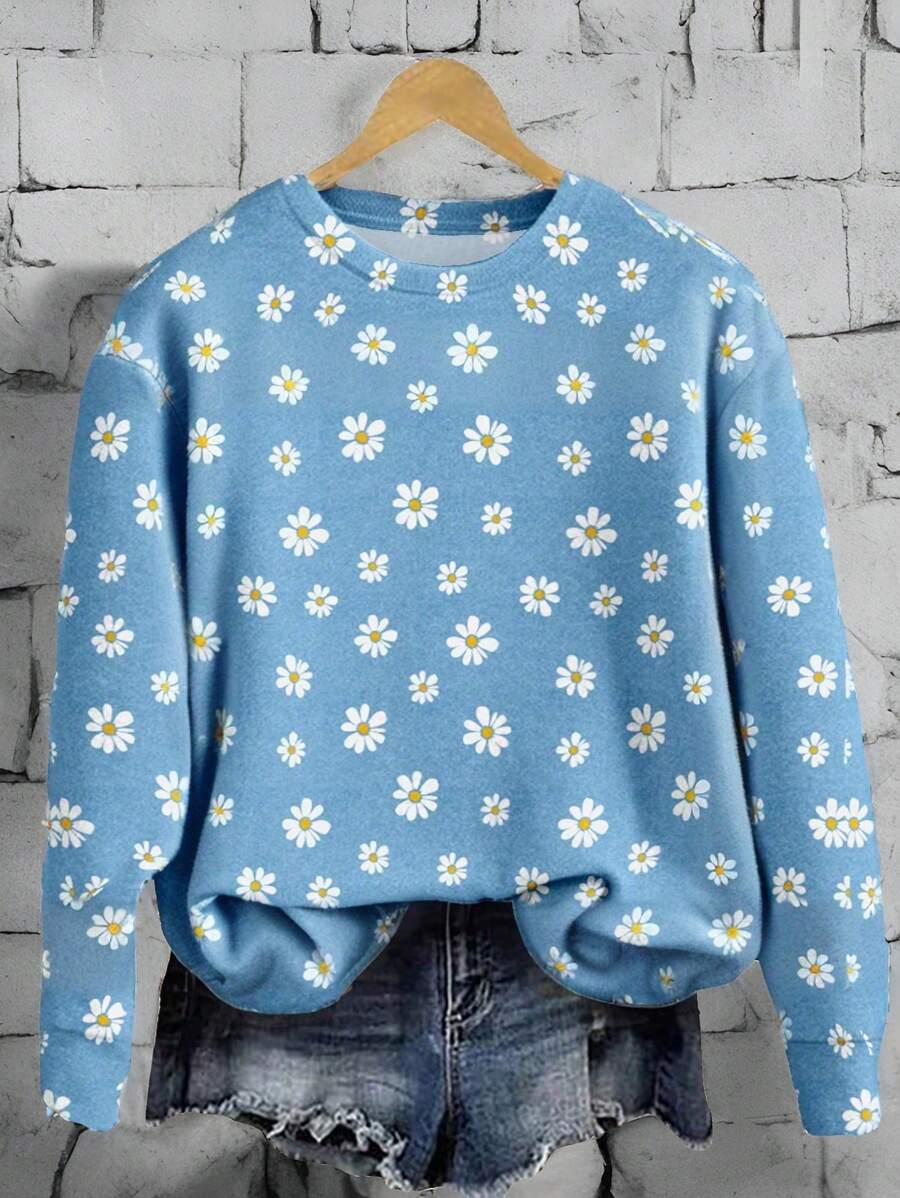 SHEIN LUNE Áo nỉ trùm đầu rộng rãi cổ tròn tay dài họa tiết hoa màu xanh tối giản giản dị dành cho nữ, thích hợp cho mùa hè - Nhiều màu - Xem 1