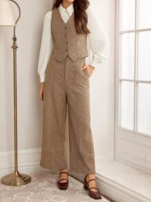 Vintamour 2 件复古优雅女士羊毛混纺千鸟格 V 领无袖背心和高腰阔腿裤带口袋休闲办公室套装感恩节女装秋季服装上衣两件套秋季服装感恩节服装感恩节衬衫女式西装套装两件套秋季套装圣诞女装演唱会女装纽扣女式衬衫冬季女式套装休闲两件套服装套装女式服装套装棕色套装 - 棕色 - 查看 3