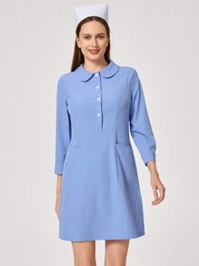 TaskEZ Light Blue Nurse Dress With Double Pockets And Button Front  Women Scrubs Uniform Button Front Hospital Nurse Scrub Dress Lab Coat Clothe