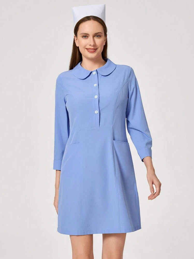 blue nurse dress uniform TaskEZ Light Blue Nurse Dress With Double Pockets And Button Front Women  Scrubs Uniform Button Front Hospital Nurse Scrub Dress Lab Coat Clothe