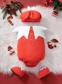 SHEIN Bộ 3 món đồ liền thân in hình ông già Noel dễ thương cho bé trai dịp Giáng sinh - Đỏ và trắng - Xem 2