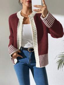 Calvaya 1pc French Style Versatile Black & White Stripe Knitted Cardigan