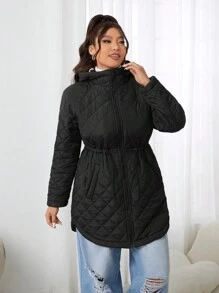 SHEIN EZwear Plus Size Women Cold Weather Thermal Quilted Black Jacket, Fall Outerwear - Black - View 6