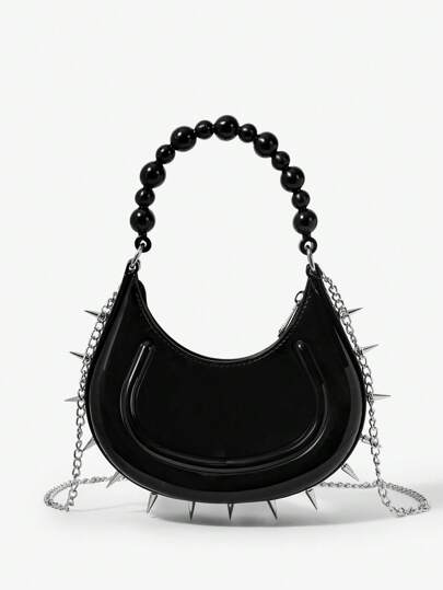 Grunge Punk 1pc Women's Punk Studded Spike Handbag Chain Shoulder Crossbody Jelly Bag