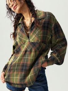 Bohemela Blusa holgada de manga larga con cuello de solapa a cuadros para mujeres, ropa de vacaciones