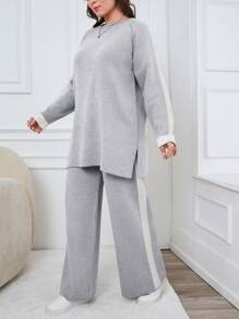EURMUSE Plus Size Sweater And Pants Two-Piece Set With Raglan Sleeve, For Winter - Light Grey - View 5