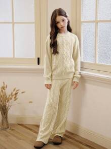 SHEIN 2pcs/Set Tween Girl Fashion Set, Korean Style Cable Knit Sweater + Drape Pants - Apricot - View 1