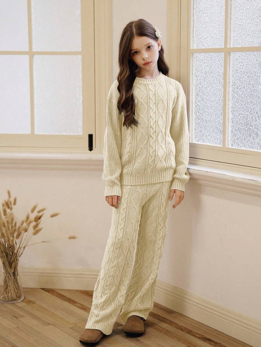 SHEIN 2pcs/Set Tween Girl Fashion Set, Korean Style Cable Knit Sweater + Drape Pants - Apricot - View 1